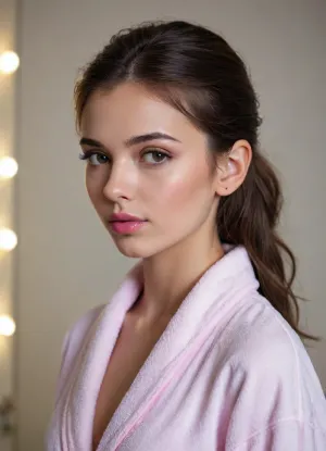 (side view:1.4), turning to viewer, 18 years old, sexy, short dark hair, tied back, small face, innocent, (young girl), (skinny), model, makeup, (pink lip gloss), cute, attractive, petite, snub nose, in a soft, white bathrobe, (looks at viewer), (pouting), photo studio