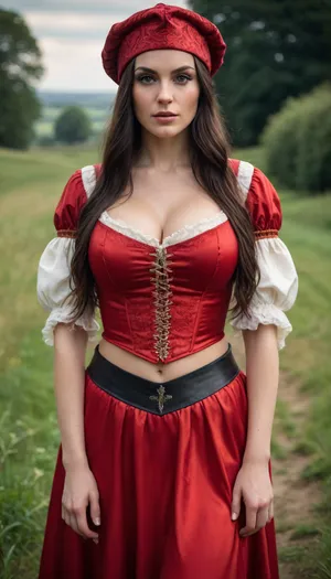 A beautiful athletic English woman with big tits, dark long hair, wearing a medieval cap, wearing a red silk damask, on the English countryside, realistic lighting, detailed face and skin, full body pose, cleavage