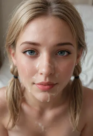 Pretty girl’s face covered by cumshot, (closeup of young face covered in cum:1.3), thick blonde pigtails, smiling, (view looking down:1.5), (head upturned:1.5), (face looking upwards:1.5), full lips, large eyes, (anatomically correct), high quality photograph, realistic image, facial, cum, on, face, breasts, covered, in, perfect, <lora:Facials:.7>