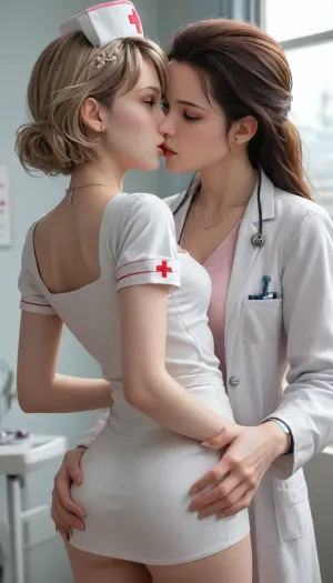 sexy skinny nurse, she's kissing a female doctor, (female doctor is grabbing her ass:1.5)