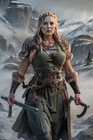 8K ultra, realistic photograph of a beautiful curvy mature, 45 years old, stunning female Viking warrior, standing tall and imposing, open robe. The intricate details of the wolf's fur, the texture of its teeth, and the warrior's pale facial features are captured with precision. The Viking's eyes, intense and fierce, (No horns on the head), . The backdrop is a misty Nordic landscape, enhancing the mystique of the scene. Captured with a Canon., Viking_dual_V2, <lora:Viking_dual_V2-15:.5>