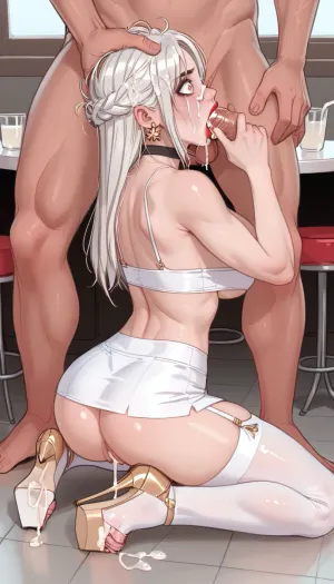 A young adult 18-year-old skinny woman in a red micro pencil skirt, Scene takes place on a restaurant, sword_swallowing_position, deep cleavage, deepthroat, throat bulge, dripping cumm from mounth, overflow of cum from deepthroat, a square shows the cock in the throat that is cumming inside, kneeling, pussy, dick in mouth, deep throat blowjob, grabbing hair, wide eyed, pov, close up, huge cock, cum gushing from nose, full-length shot, very long straight hair, dye white hair with black regrowth from head, red lipstick, big gold earring, black bow on the head, heavu black eyeliner on eyes, she looks like very disappointed, smile, cum on face, cum in hair, dressed in a red micro pencil skirt and stockings with garter belt, no panties, platform high heel décolleté, heels are high 30 cm, flat belly, toned body, toned arms, toned legs, make up, look at the face in the camera, victory pose, gigantic breasts, saggy tits, ass, lying, back, from, behind, foreshortening, facing, away, ass up pose, ass comes half out from under her skirt, black_choker, cum dump, gaping pussy, after sex, cum dripping from the open gape, pleading eyes, sagging, breasts, youngAdult, ratatatat74, <lora:sagging-000015:.5>, <lora:YoungAdultSDXL:.5>, <lora:cartoon_stickers_xl_v1:.8>, <lora:ratatatat74-000050:1.3>