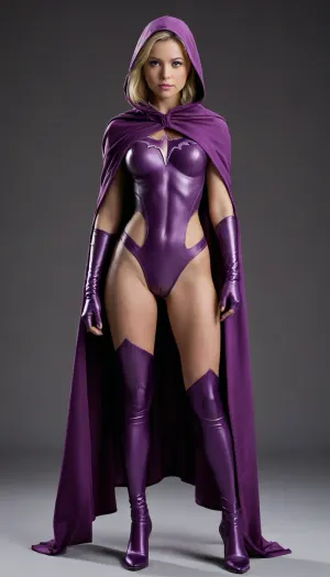 Asian Cyborg spoiler stephanie brown, no logo, (((dark Purple cape, and hood)), full body view 18-year-old, petite, big breasts, nude, shaved vagina-facing viewer, in the style of spoiler stephanie brown, (light purple costume), clear background.)