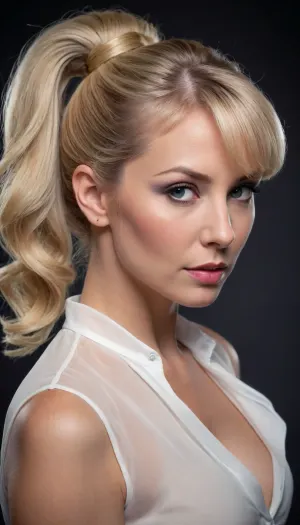 Elegant Blonde cougar with elegant ponytail high volume hair, loose tendril bangs