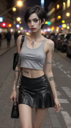 skinny 18 year old, prostitute, dirty, trashy, tatoos, heavy makeup, freckles, messy short hair, skin, naval, indecent, carrying purse, tiny, skirt, microskirt, high heels, busy sidewalk at night, Cologne Germany, flash photography, model stance, shirt with no bra, bad neighborhood, perfect face, ca45mv7-100, photo, of, perfecteyes, eyes, eye contact, bttrfrckl, <lora:lora_perfecteyes_v1_from_v1_160:.5>