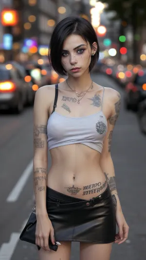 skinny 18 year old, prostitute, dirty, trashy, tatoos, heavy makeup, freckles, messy short hair, skin, naval, indecent, carrying purse, tiny, skirt, microskirt, high heels, busy sidewalk at night, Cologne Germany, flash photography, model stance, shirt with no bra, bad neighborhood, perfect face, ca45mv7-100, photo, of, perfecteyes, eyes, eye contact, bttrfrckl, <lora:lora_perfecteyes_v1_from_v1_160:.5>