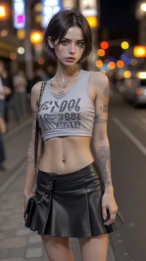 skinny 18 year old, prostitute, dirty, trashy, tatoos, heavy makeup, freckles, messy short hair, skin, naval, indecent, carrying purse, tiny, skirt, microskirt, high heels, busy sidewalk at night, Cologne Germany, flash photography, model stance, shirt with no bra, bad neighborhood, perfect face, ca45mv7-100, photo, of, perfecteyes, eyes, eye contact, bttrfrckl, <lora:lora_perfecteyes_v1_from_v1_160:.5>
