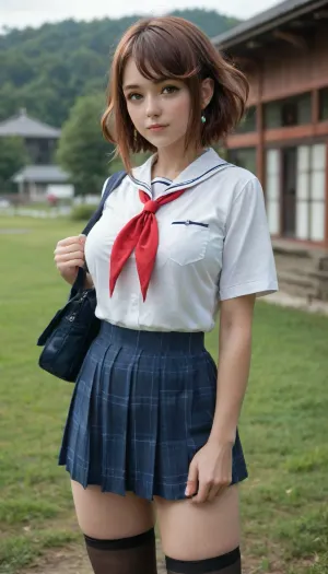 (masterpiece, best quality, perfect background), score_9, score_8_up, score_7_up, Expressiveh, 1girl, pyra from xenoblade chronicles, (((school uniform))), ultra detailed, solo, standing, detailed and, (pale:.8), skin, perfect face, (blush:.5), heart, large breasts, thighhighs, looking at viewer, japanese rice field, japanese rural town, panorama
