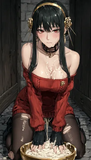 yor briar spy x family, nsfw, black hair, (head down ass up:1.2), She sticks her ass out, bowl full of cum, she is eating cum from bowl, Dirty Jail, happy, frown, Nipple piercing, Huge and excessive semen from pussy, steam, humid, covered in cum, cum covered, Collar, chain, Dirty, She's covered in cum, big breasts, big ass, torn clothes, aayorf, short, with, long, locks, gold, ornament, eyes, earring, breasts, choker, bare, shoulders, black, dress, two-sided, fingerless, gloves, thigh, boots, bbyorf, white, earrings, jewelry, off, shoulder, sweater, sleeves, pantyhose, collarbone, shirt, collared, vest, skirt, <lora:yor_forger_XL_v1:1>, <lora:detailed_notrigger:.5>, <lora:YoungAdultSDXL:-2>, <lora:Zhao190-P3v1-NbVp10:1.5>