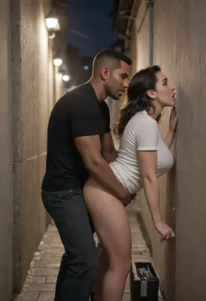 Interracial, empty alleyway outdoor, night, moonlight, huge black muscular tall man, white milf, black hair, doggystyle sex, standing, bent forward, hands on walls, fully dressed woman, black man wearing dirty T-shirt with pants down, black man fucking her from behind, aggressive, crying, struggling, side view