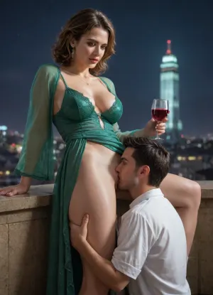 (masterpiece, best quality), (Twilight Photography:1.4), (Italian woman, milf, Sofia:1.1), (emerald green glossy silk chemise, glossy silk night robe), holding glass of wine, (cunnilingus, standing cunnilingus:1.2), aroused, (cinematic lighting), spacious balcony, glass railings, city skyline view, penthouse, (night:1.4), captured with a Leica M10, Leica Summilux 50mm f/1.4 lens, sharp focus, best shadow, 8K, UHD, clear image, extremely sharp, extremely detailed, extremely intricate detail, high res, ultra-high-definition, highly detailed, ultra-sharp textures, finely detailed, perfect skin texture, hyperrealistic lighting, professional photography, full dynamic range, deep contrast, high clarity, realistic depth of field, HDR, perfect exposure, smooth gradients, natural reflections, ultra-fine details, realistic skin pores, individual hair strands, soft shadows, color-graded