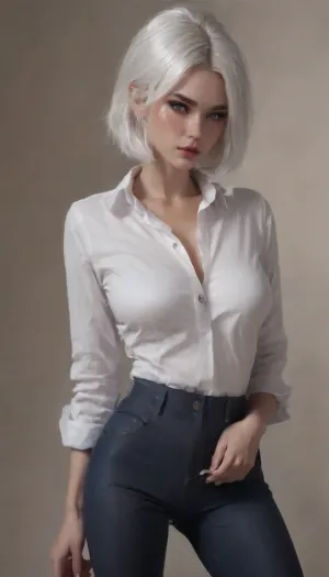 1girl, white hair, short hair, metallick hair, blue eyes, freckles, rude face, full body view, sexual pose, white shirt, dark blue trousers, shirt tucked into trousers, black heels, breasts ajar, gigantic tits, ero, erotic, detailed image, studio photo, <lora:detailed_notrigger:.5>, <lora:YoungAdultSDXL:-1>, <lora:aesthetic_anime_v1s:2>