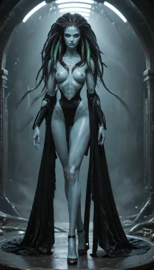 1 sexy evil femalien posing, (front view), (large thin lips:1.2), (long ornate black clothing:1.6), (extremely long tentacle hair:1.3), (black hair:1.3), (long thin face:1.2), (blue skin:1.2), (very long thick eyelashes:1.1), (bright teal eyes:1.4), (muscular alien body:1.4), (long legs:1.2), collarbones, (sexy tiny breasts:1.3), (thin waist:1.1), (small nipples:1.2), (bubble butt:1.3), (thick athletic thighs:1.3), (long arms:1.4), (nude:1.3), (full body view:1.3), (perfect face), (perfect eyes:1.3), 8k, spaceship
512/3000, alien, species, futuristic, suit, electalien, artstyle, <lora:alien-species:2>, <lora:157880_training_data:2>, <lora:Alien_God_V3:2>, <lora:Electric Alien - Trigger is ElectAlien Artstyle:2>