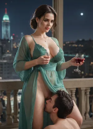 (masterpiece, best quality), (Twilight Photography:1.4), (Italian woman, milf, Sofia:1.1), (emerald green glossy silk chemise, glossy silk night robe), holding glass of wine, (cunnilingus, standing cunnilingus:1.2), aroused, (cinematic lighting), spacious balcony, glass railings, city skyline view, penthouse, (night:1.4), captured with a Leica M10, Leica Summilux 50mm f/1.4 lens, sharp focus, best shadow, 8K, UHD, clear image, extremely sharp, extremely detailed, extremely intricate detail, high res, ultra-high-definition, highly detailed, ultra-sharp textures, finely detailed, perfect skin texture, hyperrealistic lighting, professional photography, full dynamic range, deep contrast, high clarity, realistic depth of field, HDR, perfect exposure, smooth gradients, natural reflections, ultra-fine details, realistic skin pores, individual hair strands, soft shadows, color-graded