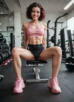white woman, 45 years old woman, athletic woman, toned body, slim and curvy woman, petite woman, short woman, pretty face, black burgundy hair, large natural boobs, very hairy pussy, (tight black sports shorts), (pink athletic shoes), in a gym, looking at viewer, smiling, (exposes pussy), (super realistic), (fine detail)
