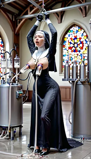 Two sexy girl, very long hair, very wide hips, closed eyes. A scream, pain, fear on the face. A lot of cum on the body. A lot of cum on pussy. Sex is only behind. Fucks dildo from behind. Only doggy style.The legs are tied with ropes and divorced. The legs are tied.The head is thrown back. A lot of sperm stuck in the legs. You can see white pantyhose are pulled down, described pantyhose, white panties are pulled down, panties and pantyhose below the knees. Legs are very wide, The legs are widely spread, The mouth is open, orgasm face. Large calves. large open boobs, large nipples. Arms tied with a rope up. Arms up. Legs tied with a rope down. Legs down. Dressed nun dress. High-heeled shoes, Red pussy visible. Pussy in cum. Body a lot of cum. Legs in cum. A lot of cum. So many cum and cum on pantyhose. Wet cum pantyhose. So many cum on legs. a lot of cum flows from pantyhose. test tubes, blood vessels, cum flasks in the room on the table. Lactating nipples, visible big breast veins, (lots of milk, machines), basement, torture chambers, milk_machines, factory, milk_tanks, orgasm, milk bottles, ((big pumps, nipples sucking, long nipples)), full body view, bondage, mechanism, fixed, built into mechanism, built in arms and legs, large device, girl inside device, arms and legs fixed inside, stationary restraints, mechanical restraints, big breasts, girlfriend lesbian, pain face, open mouth, machine, bent over, detailed background, spread, legs, cum, in, pussy, girlfriend dildo device, stationary, restraints, 4k, photorealistic, intricately detailed face, realistic face, ((mechanism, fixed, built into the mechanism, built-in arms and legs, large device)), (sexy nun dress, girls inside device:1.6), stationary_restraints, mechanical_restraints, wide hips, pain orgasm face, (tits milking machine:1.5), milking, milkingmachine, Cum exchange through a common hose in a pussy.