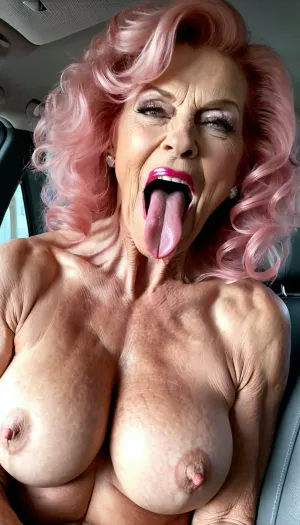 smile skinny brigitte nilsen old granny, smile gilf streches out her extreme long tongue, usa pervert old bodybuilding muscle woman gilf with long tongue, massive boobs, open her mouth big, waiting for cumshot, in bed, smokey, lipstick, ginger kinky curly hair cut, with very massive tits hugh boobs, sticks her extreme long tongue out of her mouth, big open mouth, in a car, wearing a silver pink rose transparent diamant silver tight sweater with tits free hole, hairstyle after sex, make up running down, kinky crazy granny