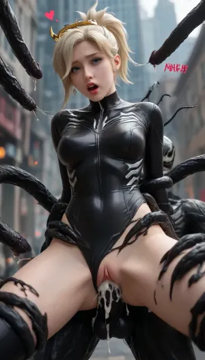 venom suit, corrupted by venom, mercy, fucked by Venom, (Marvel Comics), creampie, restrained by black venom tentacles, moaning sound effects, hearts effect