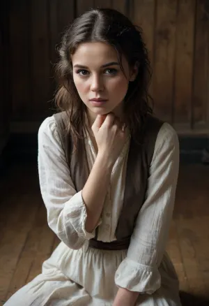 Rembrandt-style image, depicting a moment of intense power. A young woman 25 years old, kneels gracefully on a worn wooden floor, her body angled slightly to the left, head bowed in quiet contemplation. Her posture is one of serene humility, hands clasped gently in her lap. She wears a simple, long linen shirt, coarse-spun and white-colored, the fabric slightly rumpled and showing signs of wear Her dark hair cascades down her back, framing a delicate face with high cheekbones and expressive, downcast eyes. Has her cheeks roughly grasped by a strong hand fat old man's — the fingers digging into her flesh, forcing her mouth open. Her expression is one of terrified resignation, her eyes wide with fear, tears welling. The skin on her cheeks is stretched taut, pale against the stark contrast of the dark hand. The hand belongs to an unseen figure, suggesting dominance and aggression. The woman's dark brown hair is disheveled, framing her face. She wears a simple, worn cotton blouse, the fabric clinging to her slightly. The background is deeply shadowed, only a hint of a dimly lit, rough-hewn wooden wall visible. The lighting is chiaroscuro, dramatic and intense, highlighting the contrast between the pale skin and the darkness. The overall mood is one of oppressive tension and vulnerability. The texture of the skin is lifelike, almost tactile, the wood grain of the wall is roughly hewn, suggesting a rustic and possibly dangerous setting. The composition is tightly framed, focusing solely on the faces and hands, emphasizing intimacy and power dynamics. The overall color palette is limited to deep shadows, pale skin tones, and the subtle hint of blue in the background, enhancing the sense of claustrophobia and impending violence. Wide-angle lens., style, of, Rembrandt, r3mbr4ndt