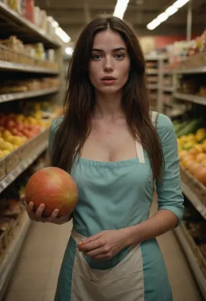 Woman in a grocery, dark messy long hair, a few to hair strands hanging loosely on face, freckles on nose and cheaks, wide lips, puffy lower lip, black round eyes, skinny, B-cup breast, wide hips, tight waist, unbuttoned shirt and apron, big melon in her hands