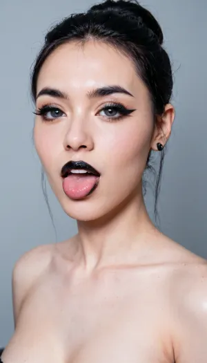 gothic, goth, (asian), pale skin, dark black eyes, black hair, bangs hair, black eyeliner, (black lipstick), white skin, perfect eyes, small eyes, detailed eyes, small nose, good anatomy, ultra detailed, high resolution, fake breasts, slut face, whore, (ahegao:1), sexy posing