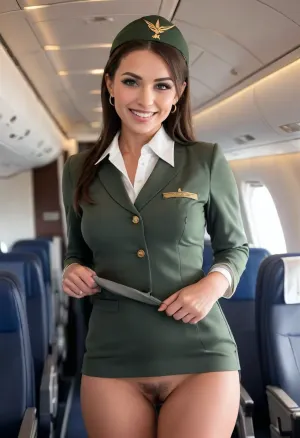 Masterpiece, full body view, Caucasian woman, beautiful young female flight stewardess, (happy slut smile), (looking at viewer), perfect body, perfect round ass, 3/4 back view, ((bend over a seat)), ((18 years old:.8)), beauty, ((skinny)), detail skin, tanlines, ((long legs)), (nylon pantyhose), face, pretty face, young, ((young face)), black ponytail hair, perfect ears, perfect hands, makeup, (((olive drab flight attendant unbuttoned dress))), unbuttoned, (((flight attendant hat))), no bra, nipples visible, no panties, pearl earrings, rings, (surprised), in a private jet, detailled eyes, photography, highly detailed, sharp focus, trending on artstation, studio photo, intricate details, by greg rutkowski, skirtlift, <lora:skirtlift_xl:.6>