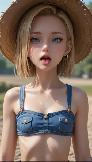 ((blond Hair, oily wet skin, flat, chested, straw hat, orgasm face, tongue out, Android 18 Dragon ball, android 18 Dragon ball)), <lora:Angelface_XL:.7>