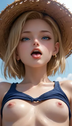 ((blond Hair, oily wet skin, flat, chested, straw hat, orgasm face, tongue out, Android 18 Dragon ball, android 18 Dragon ball)), view from below, head tilted in the direction of the camera, <lora:Angelface_XL:.7>