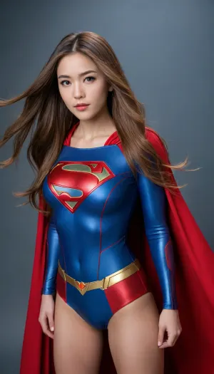 Asian, masterpiece, HQ photo, movie poster, fit body, Cyborg-supergirl red-cape, 8k, UHD, HDRI cinematic, (long), ((((hair)))), straight hair, brown hair, sleeveless blue chrome, [colour], 21-year-old, clear background.