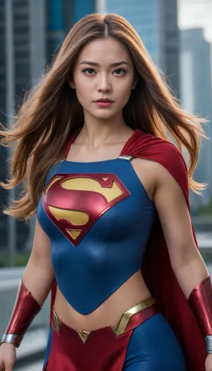 Asian, masterpiece, HQ photo, movie poster, fit body, Cyborg-supergirl red-cape, 8k, UHD, HDRI cinematic, (long), ((((hair)))), straight hair, brown hair, sleeveless blue chrome, [colour], 21-year-old, clear background.