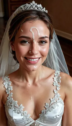 3/4 body shot of happy woman wearing wedding dress with cum on her forehead, facial, <lora:Facials:.5>