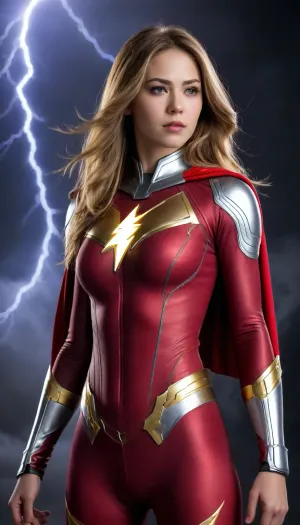 Asian Girl, masterpiece, HQ photo, movie poster, fit body, Cyborg-Sazam!, 8k, UHD, HDRI cinematic, (long), ((((hair)))), straight hair, brown hair, red-gold-shazam-suit, white-cape, ((((lightning-on -chest)))), Helen Slater, [colour], 21-year-old, clear background.