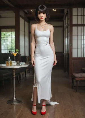 (UHD 8K, masterpiece, best quality, maximum details, extreme realism, cinematic still), (beautiful 35 years old Japanese girl), (((Japanese))), (lounge), black hair, front bangs, bob cut, (small perky breasts), (athletic), (tight white cocktail dress:1.5), (red high heels), (red nail polish), (red lipstick), (gold necklace), (standing)