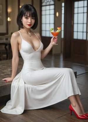 (UHD 8K, masterpiece, best quality, maximum details, extreme realism, cinematic still), (beautiful 35 years old Japanese girl), (((Japanese))), (fancy lounge), black hair, front bangs, bob cut, (small perky breasts), (athletic), (tight white cocktail dress:1.5), (red high heels), (red nail polish), (red lipstick), (gold necklace), (sitting), (seductive smile)