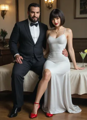 (UHD 8K, masterpiece, best quality, maximum details, extreme realism, cinematic still), (beautiful 35 years old Japanese girl), (((Japanese))), (fancy lounge), black hair, front bangs, bob cut, (small perky breasts), (athletic), (tight white cocktail dress:1.5), (red high heels), (red nail polish), (red lipstick), (gold necklace), (sitting), (seductive smile), (tall muscular bearded Arab man wearing suit:1.7), (hands on another's waist:1.5)