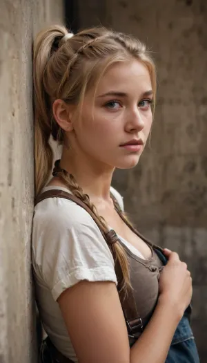 dirty homeless woman beautiful blonde 18 years old with ponytails woman, lewddungeon, background walls, breastclamp, <lora:breastclamp_SDXL_reg0_03s:.5>