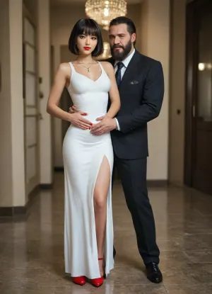 (UHD 8K, masterpiece, best quality, maximum details, extreme realism, cinematic still), (beautiful 35 years old Japanese girl), (((Japanese))), (fancy lounge), black hair, front bangs, bob cut, (small perky breasts), (athletic), (tight white cocktail dress:1.5), (red high heels), (red nail polish), (red lipstick), (gold necklace), (standing), (seductive smile), (tall muscular bearded Arab man wearing suit:1.5), (hands on another's waist:1.5), (pov)