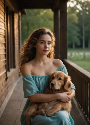 A young woman, 20-25 years old, of Slavic descent, with long, dark brown hair cascading down her shoulders, sits on a weathered wooden porch, bathed in the warm, golden light of a late afternoon sun. Her face, a delicate oval framed by loose curls, is turned slightly upward, her expression a mixture of gentle contentment and quiet amusement. She wears a simple, flowing linen dress, a deep turquoise blue that contrasts beautifully with her sun-kissed skin. Her arms are loosely around a large, fluffy golden retriever, its fur the color of melted butter, who has its front paws draped affectionately around her shoulders, its head resting lightly against her neck. The dog's warm, brown eyes are half-closed, reflecting the serenity of the moment. The scene is captured from a slightly low angle, emphasizing the intimacy between the woman and the dog. The background is softly blurred, suggesting a lush green garden with vibrant flowers and tall trees. The overall style evokes a feeling of peaceful, rustic charm, reminiscent of Impressionist painting, with soft light and visible brushstrokes conveying a sense of warmth and tranquility. The palette consists of earthy tones, deep blues, and golden yellows, creating a harmonious and comforting visual narrative. The texture of the linen dress, the rough wood of the porch, and the soft fur of the dog are subtly implied, enhancing the scene's tactile quality. The lighting is natural and diffused, creating a soft, ethereal glow around the subjects.