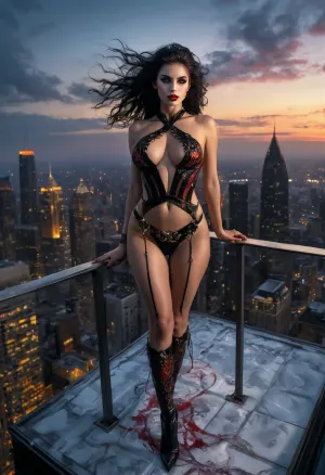 Tall, sexy busty, full body shot, black, black gothic makeup, a beautiful female harlequin, tall, beautiful perfect figure, perfect tall legs, charming eyes, sad yet gracious face, (midnight on the roof of a skyscraper background:1.3), fantasy art capturing the style of Aaron Horkey, Jeremy Mann and Luis Royo, body-focused composition from a low angle, alluring figure, dark fantasy, dynamic composition, white colors, red lipstick, warm hues, rendered in colorful ink flow, showcases acrylic calligraphy, watercolor techniques integrated seamlessly into a maximalist masterpiece, detailed with gouache fluidity, golden hour light