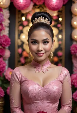 (Photorealistic), Beautiful young Indonesian woman with hair in a modern bun, Using Kebaya Brocade Traditional Jogja Color Black, standing in a luxurious wedding decoration in pink flowers around her and colorful decorative lights, facing the front of the camera with a smile
NEGATIVE_HANDS
plump, skindentation, chubby, venus, body, big, ass, <lora:Chubby BBW - XL:.5>