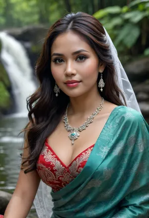 (Photorealistic), Close up front view, Elegant photographic style, Beautiful Sundanese woman, long dark hair carried by the wind, bedecked with silver ornamental hair and red Awar, elegant style, wears elegant and elegant high-collar slim fit wedding dress, ideal body, blue color silver patterned combination traditional batik, wearing a brown batik sarong, sitting elegantly and gracefully on black rocks on the banks of a clear river, staring spoiled smiling sweetly, set in a green forest with lush trees, and a large waterfall, in the morning after the rain, and the green leaves fall, ultra realistic, detail, ultra HD.
NEGATIVE_HANDS
plump, skindentation, chubby, venus, body, big, ass, <lora:Chubby BBW - XL:.5>