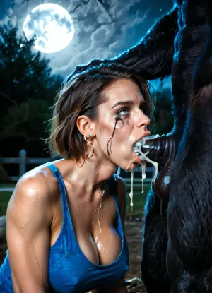 busty athletic 19 years Jill valentine getting deepthroated by a huge werewolf, professional photograph, ultra detailed, intricate details, (photorealistic:1.5), 8k, UHD, tack sharp, (masterpiece:1), slim body, large breasts, large tits, (deepthroat:1.5), sweaty, steamy, modern-werewolf, giant dick, screaming, crying, (((irsl creampie))), smeared makeup, on a graveyard, rough fuck, blue tank top, dirty, dusty, (at night:1), (full moon:1.5), eye rolling, JillRE, woman, high quality face, <lora:Modern_Werewolf:.5>, <lora:JillRE1800:.5>