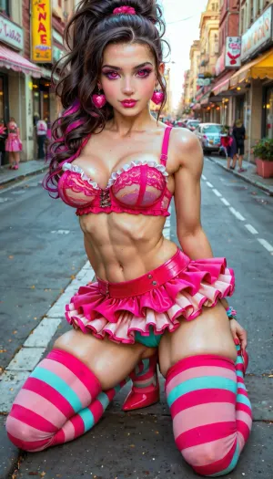 18-year-old Vanellope-inspired character with straight, dark hair in a high ponytail, sitting in a vibrant candy-themed world, ultra-detailed, high resolution, best quality, 8k, HDR. She is wearing a highly revealing candy-colored outfit, a tiny, pastel pink lace top that barely covers her large, rounded perky D-cup breasts, leaving most of her cleavage and underbust visible, and an extremely short, colorful mini skirt that sits low on her hips, exposing her upper thighs and part of her hips. She also wears striped thigh-high stockings with garters and pastel pink high heels, enhancing her playful yet seductive look. minimal clothing. cloths made of candy, candy material clothing, city made of candy, candy world