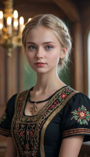 (background pure black), (foreground well lit, stands a young girl of short stature, slender with large breasts in a Russian folk dress), perfect face, green eyes, blonde, photorealistic, maximum details