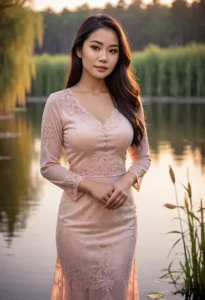 (Photorealistic), (A beautiful, Asian woman, with long dark hair and a serene expression, stands elegantly by a tranquil lake at sunset. The scene is bathed in a soft, warm light of a peachy-orange and violet sunset, creating a dreamy, impressionistic, and hyperrealistic atmosphere. The woman wears a traditional, peach-colored blouse with intricate lace detailing, and a light beige/cream-colored skirt. The delicate lace work on the blouse is a prominent feature. The lake reflects the warm hues of the sky, showing lily pads and the silhouettes of trees on the far shore. The background features tall, swaying reeds and the silhouette of trees, further adding to the peaceful, tranquil scene. A soft glow envelops the entire image, giving it a dreamlike quality. NEGATIVE_HANDS
plump, skindentation, chubby, venus, body, big, ass, <lora:Chubby BBW - XL:.3>)