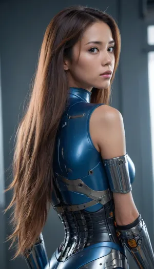 Asian, masterpiece, HQ photo, movie poster, fit body, Cyborg-Terminator, 8k, UHD, HDRI cinematic, (long), ((((hair)))), straight hair, brown hair, sleeveless-blue, chrome, and cape, [colour], 21-year-old, clear background.