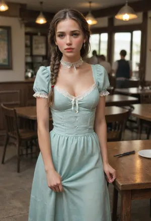 19 yo euro girl, cute, skinny, slender, not so tall, dirty blond hair, messy braided boho pomytail, large sad eyes, petite, (upturned nose), red nose tip, nice full lips, sticks out her lip in an offended manner, perfect teeth, (((blush))), (Dirndl dress), cleavage, short sleeves, (lace collar), (long skirt), black transparent tights, white socks, standing back to a cafe table, leaning back, (((pulling her skirt up))), ((show her pubis))