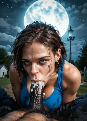 busty athletic 19 years Jill valentine getting deepthroated by a huge werewolf, professional photograph, ultra detailed, intricate details, (photorealistic:1.5), 8k, UHD, tack sharp, (masterpiece:1), slim body, large breasts, large tits, (deepthroat:1.5), sweaty, steamy, modern-werewolf, giant dick, screaming, crying, (((irsl creampie))), smeared makeup, on a graveyard, rough fuck, blue tank top, dirty, dusty, (at night:1), (full moon:1.5), eye rolling, JillRE, woman, high quality face, <lora:Modern_Werewolf:.5>, <lora:JillRE1800:.5>, pov