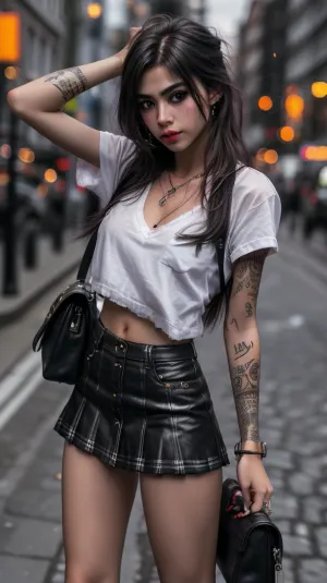 skinny 18 year old, rear view, prostitute, dirty, trashy, tatoos, heavy makeup, messy hair, skin, naval, indecent, carrying purse, tiny, schoolgirl microskirt, high heels, busy sidewalk at night, Cologne Germany, flash photography, model stance, white shirt with no bra, bad neighborhood, perfect face, photo, of, eye contact, bttrfrckl, <lora:lora_perfecteyes_v1_from_v1_160:.5>, (ff10\), perfecteyes, <lora:perfecteyes-000007:.8>, S419_MattyMilaPerez