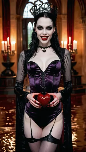 (girl Looks like a vampire queen, smiling, veiny skin, visible pussy, 2 long sharp teeth fangs, very pale skin, strong gothic makeup:1.5), (mini, wet, slim, very tightly fitted, sexy, short, crop, nylon, tight, satin, transparent, gothic style costume:1.6), slight smile, candle lighting, (ball gown, deep cleavage), (big nude tits out), (holding in hand a bloody human heart:1.4), elite high class ball, beautiful victorian ball room, large ball room lined with expensive paintings, photorealistic, intricate detail, depth of field, striking eyes, captivating eyes, (veiny skin:1.5), mesmerizing eyes, glittering eyes, porcelain skin, elegant neck, wide eyes, narrow defined jawline, high defined cheekbones, (full body view:1.5), titsqueeze, fangs, cockbiting, bitingshaft, vampirebiting